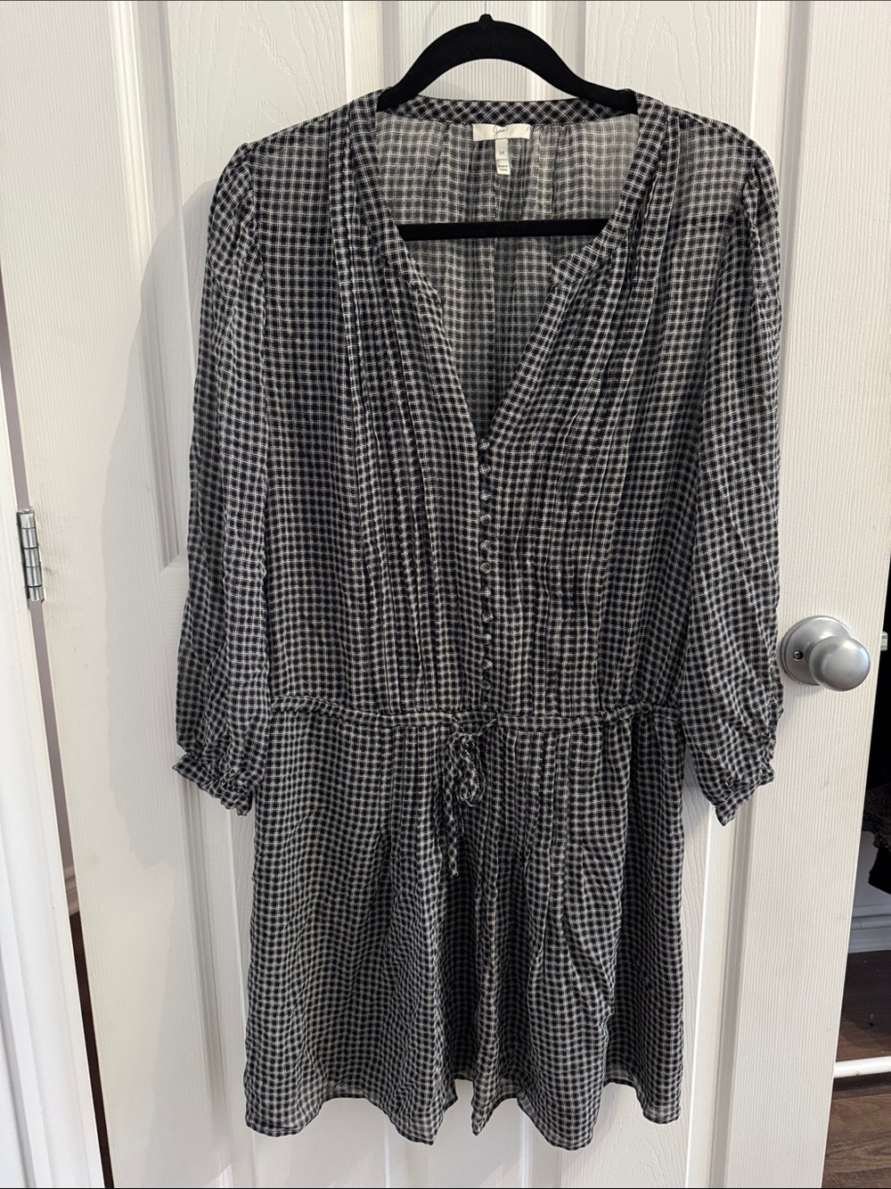 Joie Black and White Checked V‑Neck Mini Dress